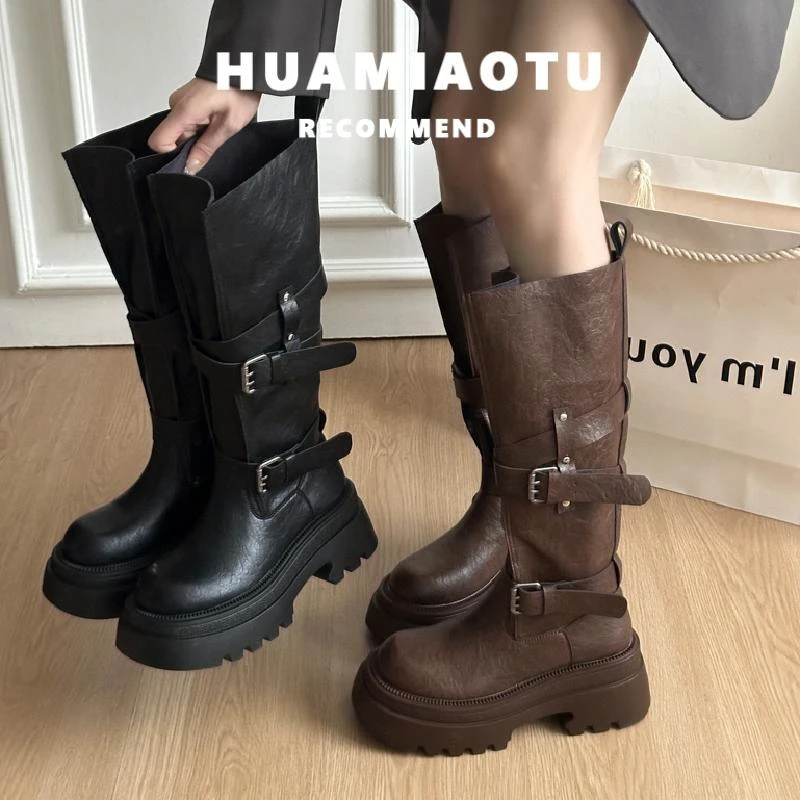 【高奢&达人款】厚底小个子覆古西部高筒骑士靴女2025秋冬新款显