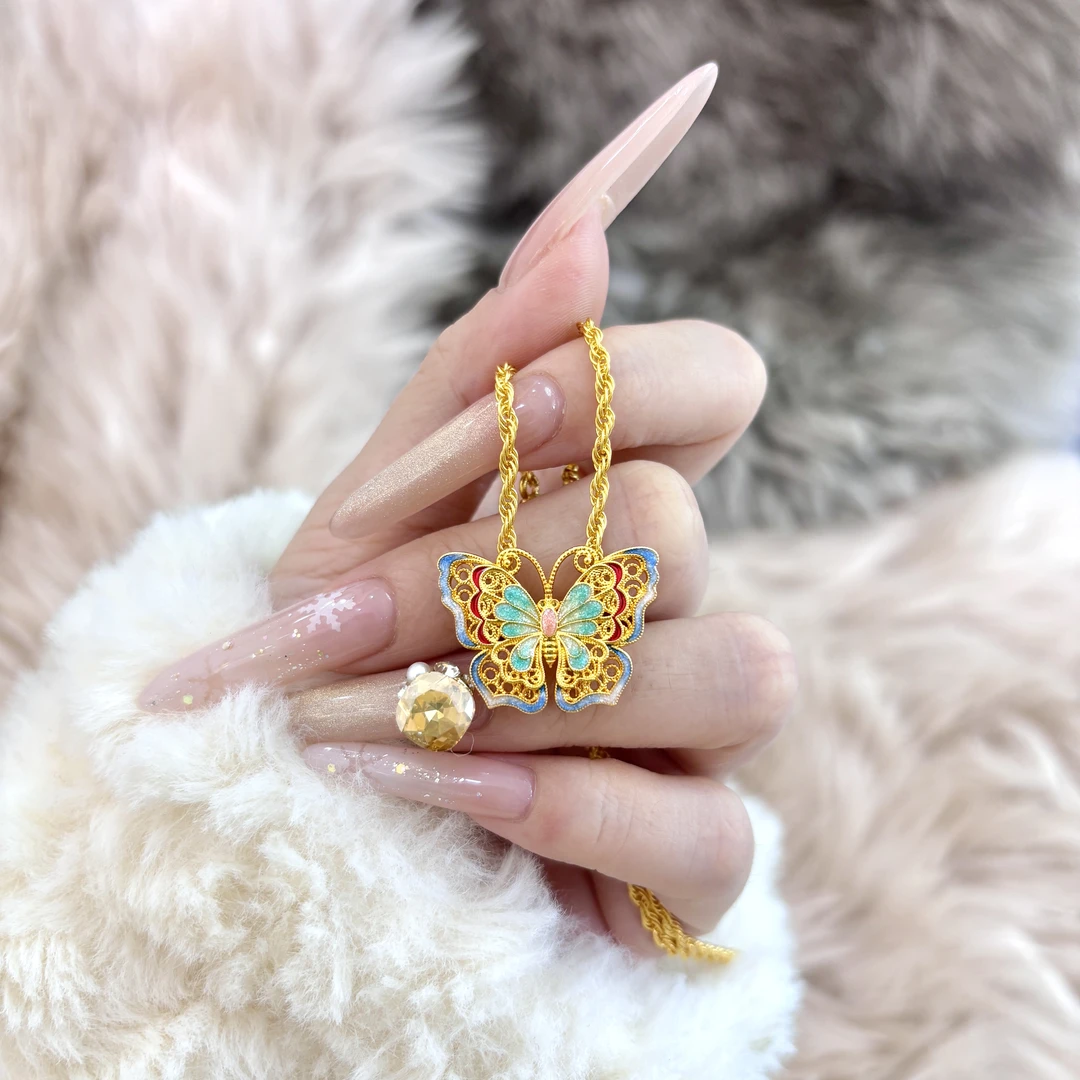 【含情脉脉】旺桂福珠宝足金烧蓝脉脉花蝶单吊坠不含链