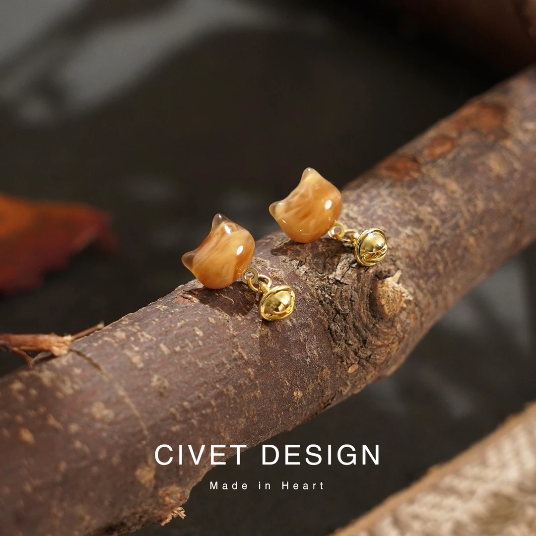 合金树脂耳饰 铃铛日系可爱猫咪时尚气质耳环耳饰品小众简约百搭