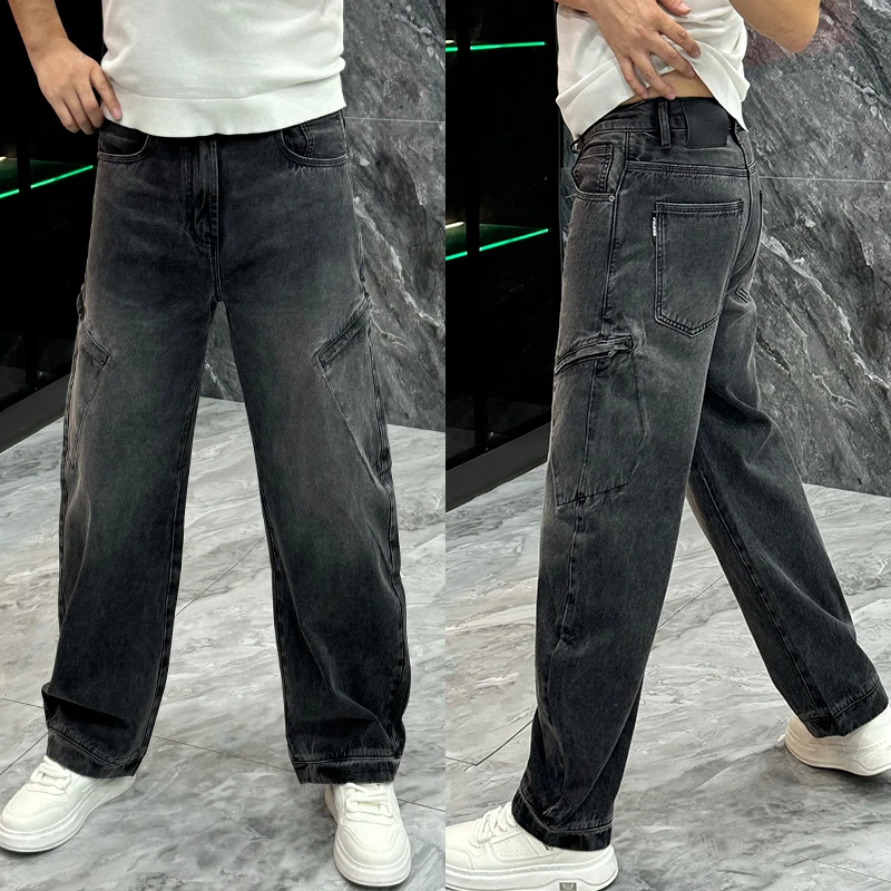 美式复古工装牛仔裤男秋季水洗渐变弯刀阔腿裤高街痞帅直筒休闲裤