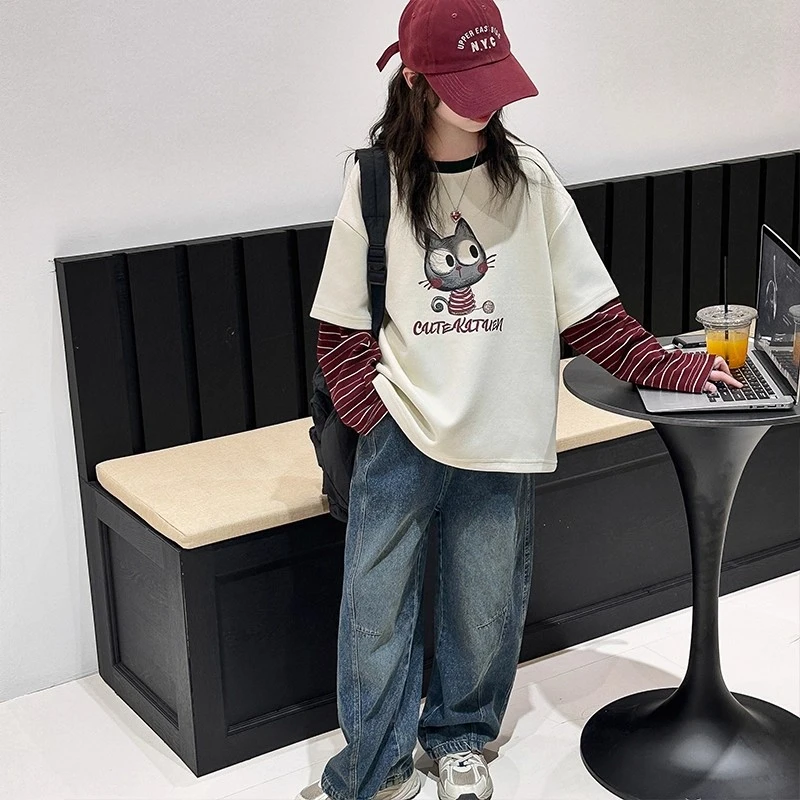 女童假两件卫衣春秋款2025新款儿童洋气时髦女大童长袖打底衫上衣