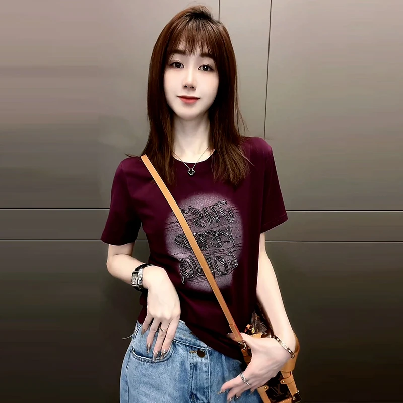 高含棉美式复古烫钻正肩短袖t恤女装2025年夏季新款洋气别致上衣