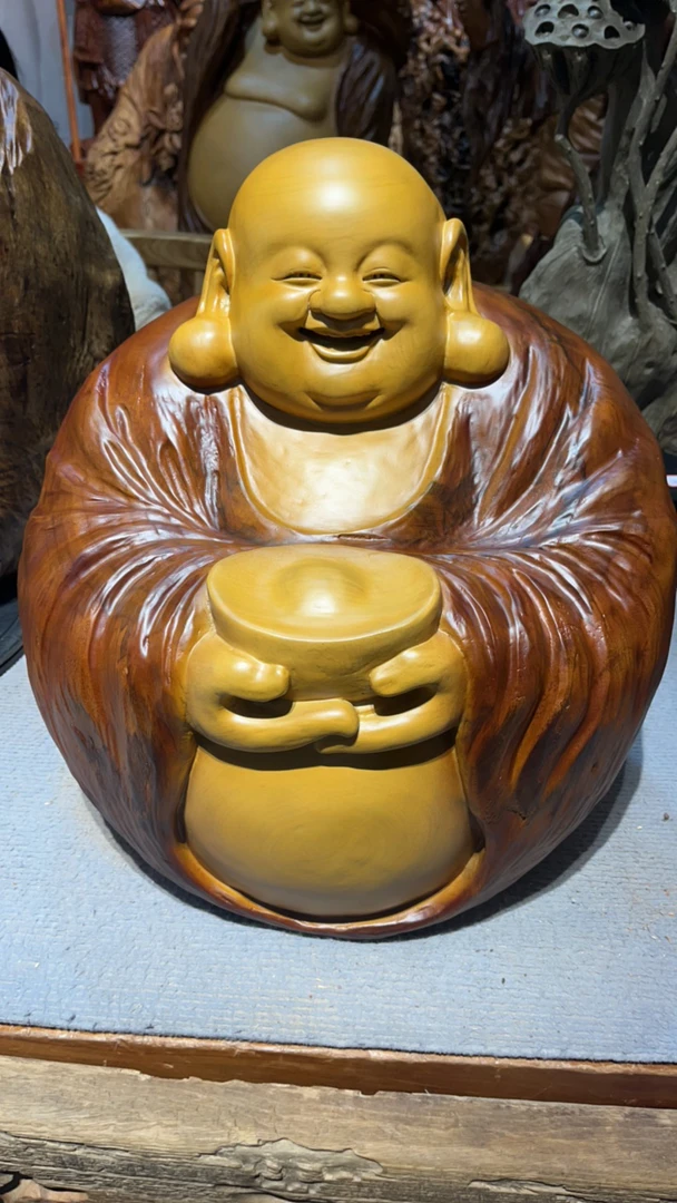香樟木元宝弥勒佛根雕摆件，