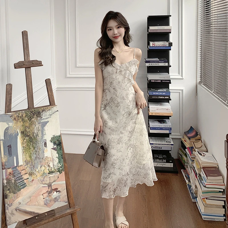 W.WANG正品连衣裙夏季显瘦气质长裙法式复古高腰修身吊带 D后妈裙