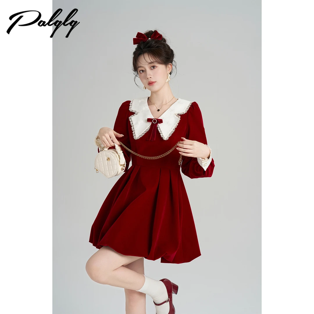 Palglg圣诞娃娃领红色丝绒冬高级感小香风收腰花苞短裙54PDA44867