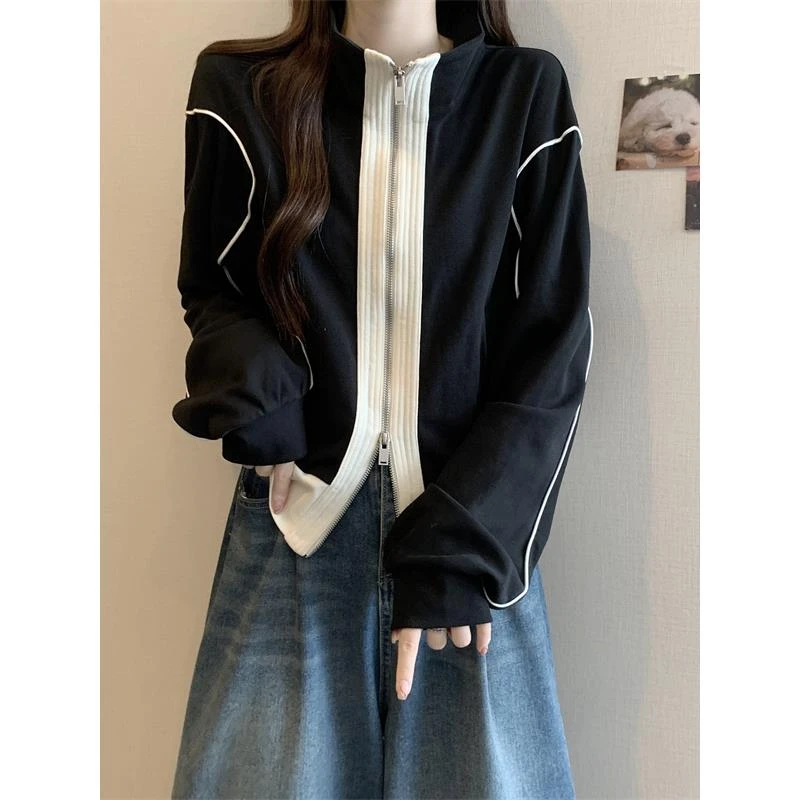 美式立领夹克外套女棒球服早秋季应季mm显瘦设计感双拉炼开衫上衣