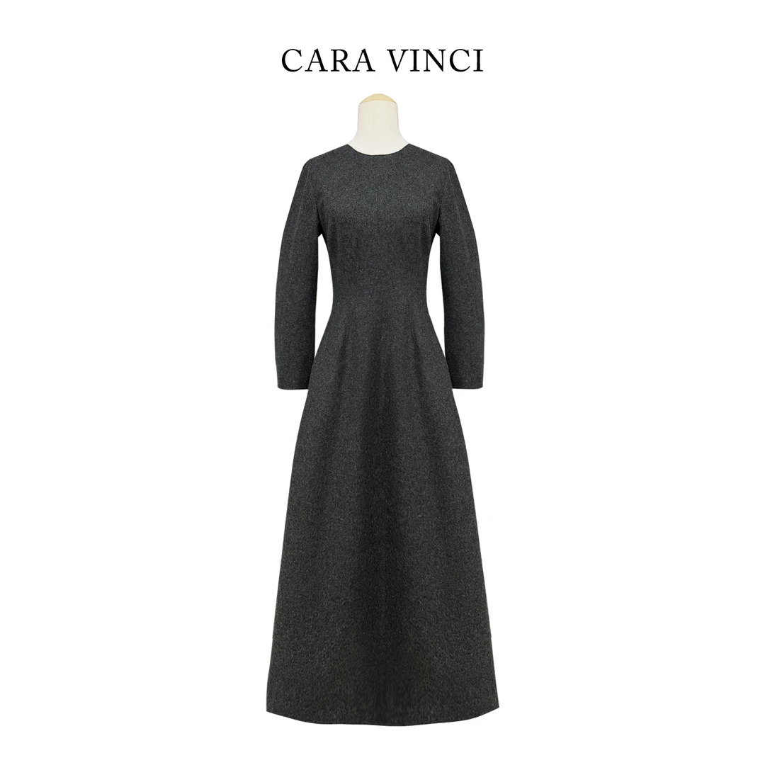 CARA【幽灰高定】100羊毛时尚轻奢显瘦收腰高级灰通勤连衣裙