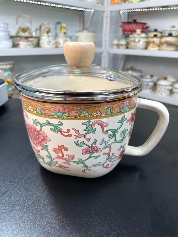 家用珐琅搪瓷15厘米玻璃盖泡面杯泡面碗可加热奶杯水杯带盖高颜值