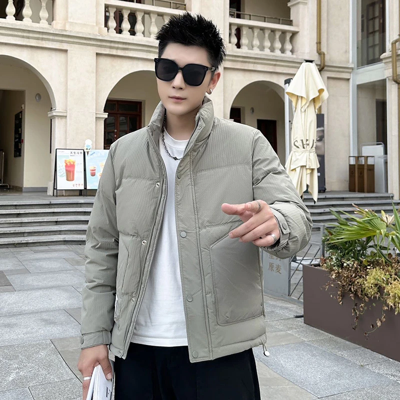 爆款白鸭绒羽绒服男士立领纯色时尚休闲加厚保暖面包服外套新款潮