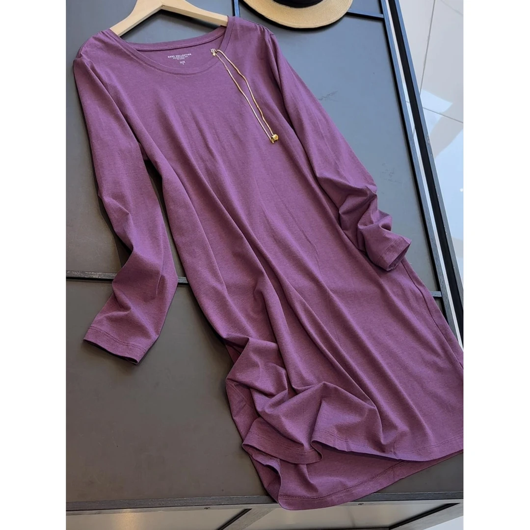 棉58% 紫色长袖连衣裙女秋冬气质圆领打底裙内搭纯色直筒型中裙