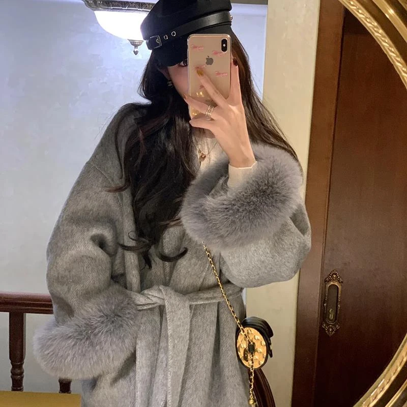 2025冬季新款双面羊绒大衣女短款小个子可拆狐狸毛气质羊毛呢外套