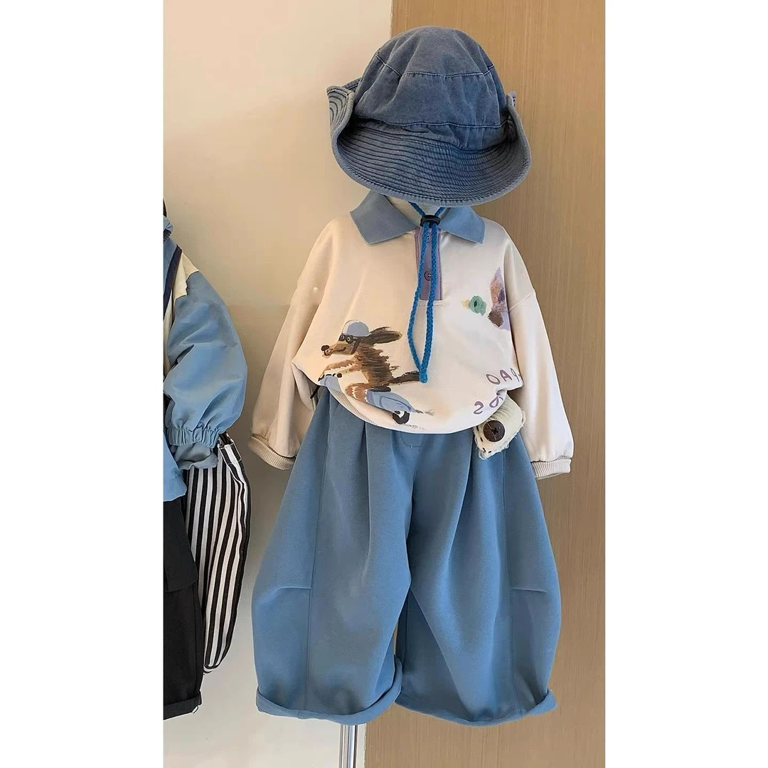 女童polo上衣长袖宝宝秋卡通休闲印花男童卫衣套装阔腿哈伦裤