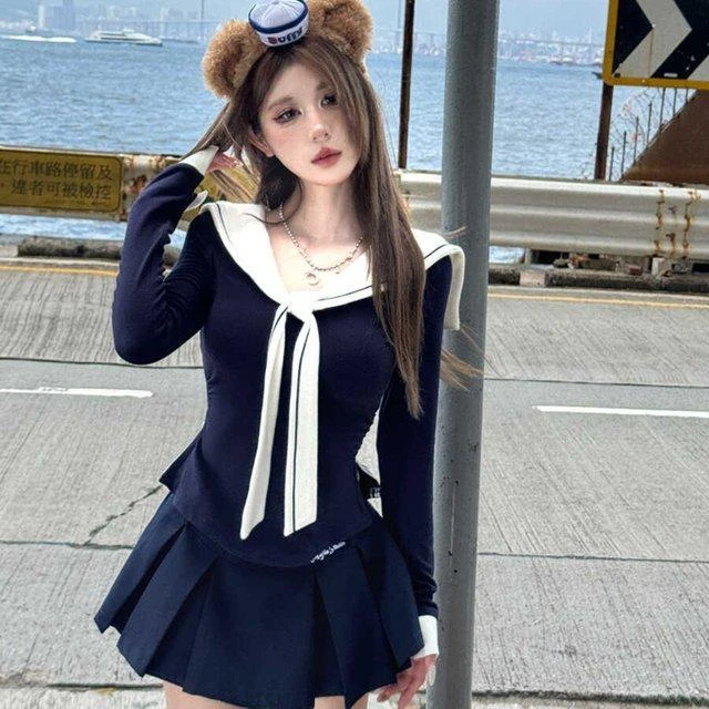 海派学院辣妹秋季修身显瘦设计感上衣内搭t恤坎肩+半身裙两件套装