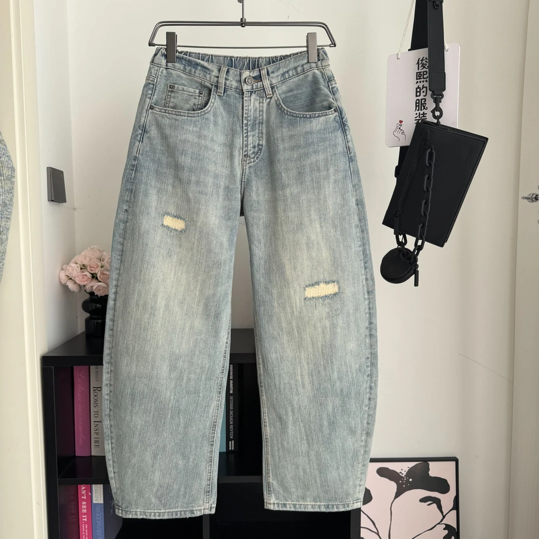 2026春季男士破洞弯刀裤立裁破洞男士牛仔裤潮流痞帅80220C