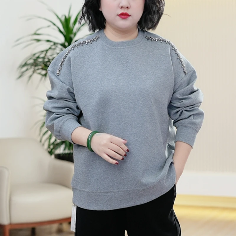 重工镶钻钉珠圆领卫衣加厚液态棉弹力大码宽松时尚百搭秋季上衣女