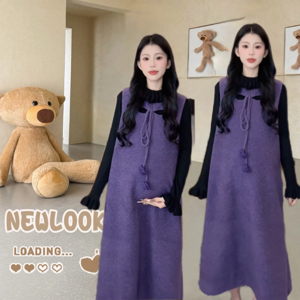 【可可】孕妇秋冬温柔紫毛绒感显瘦打底上衣搭配背心裙套装