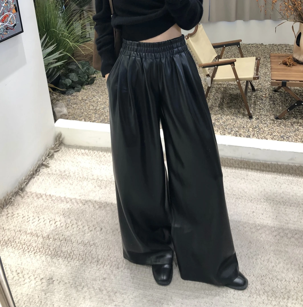 法式雅痞复古黑色PU皮裤2025时尚气质宽松休闲阔腿裤高腰显瘦女