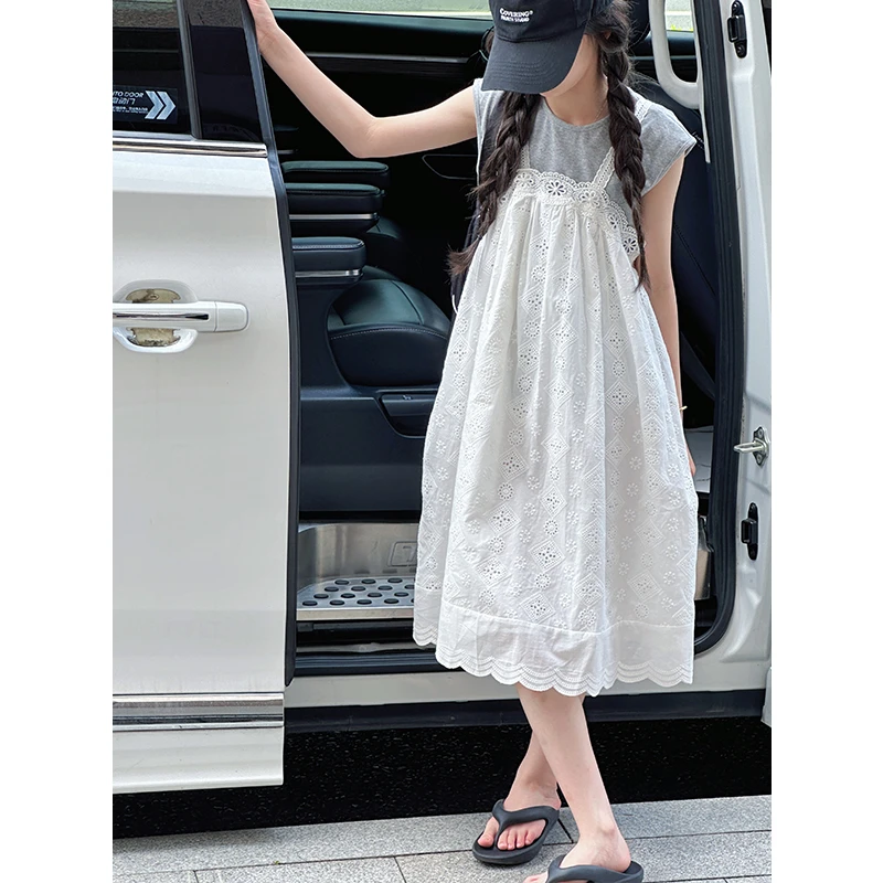 K29166镂空蕾丝女童吊带连衣裙套装2025夏装新款儿童背心裙两件套