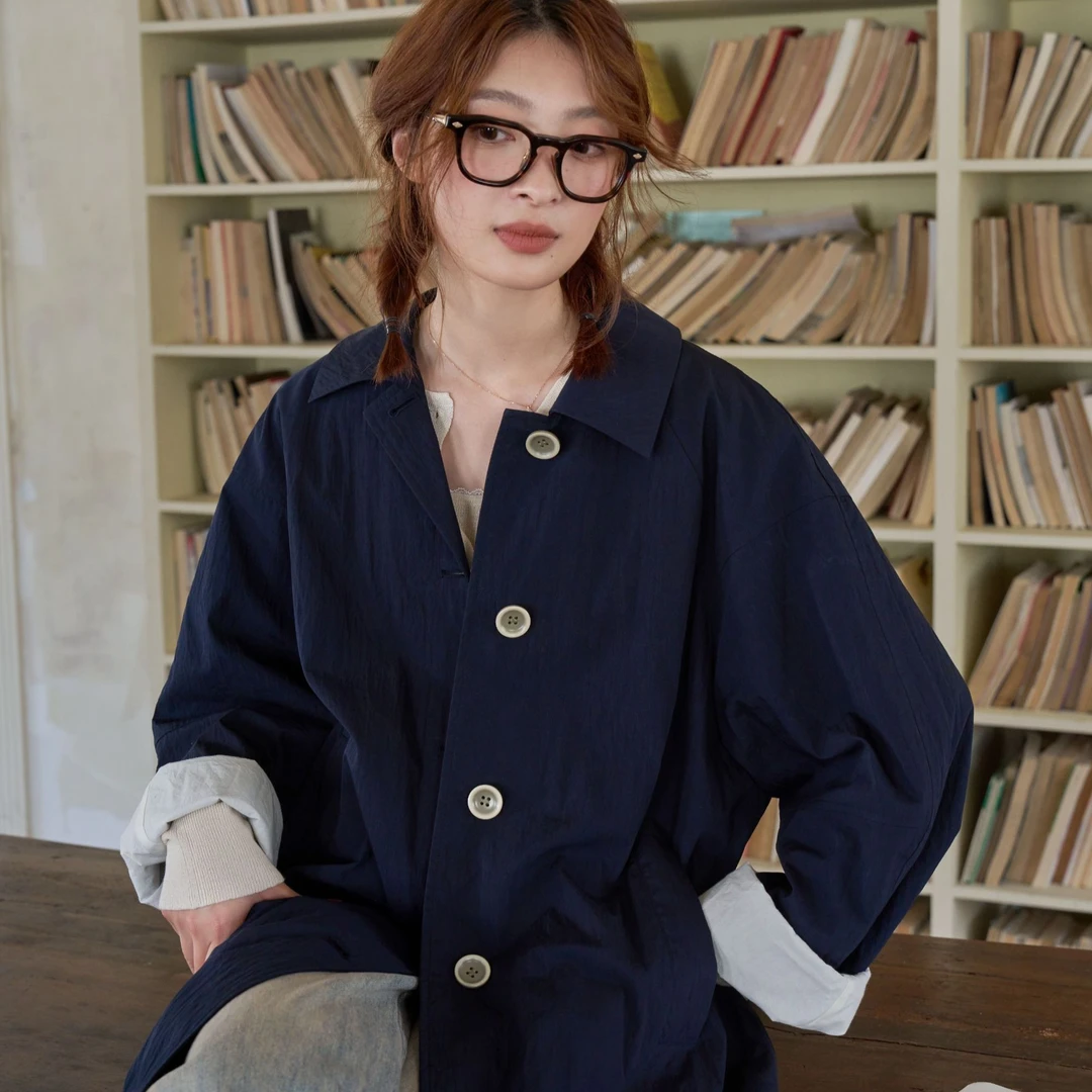 「白描工作间」"维堡书店"超显瘦廓形翻领小个子中长款风衣外套女
