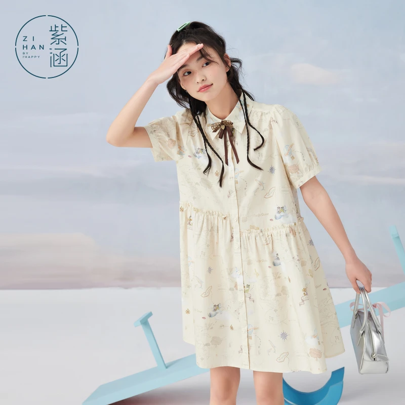 紫涵印花衬衫连衣裙夏季新款甜美减龄小个子A字短裙Z4Z04AS245