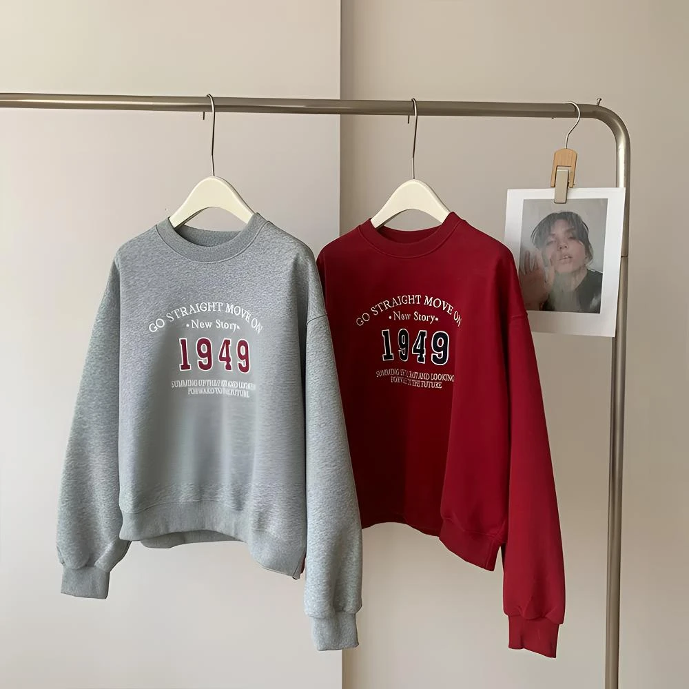 美式复古重工刺绣卫衣外套秋季宽松休闲时髦百搭圆领套头上衣