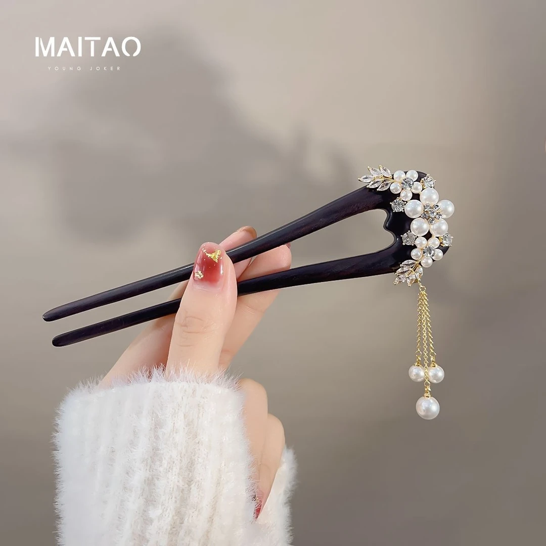 黑檀木u型双钗发簪女簪子高级国风中式新款发钗固定旗袍丸子头饰