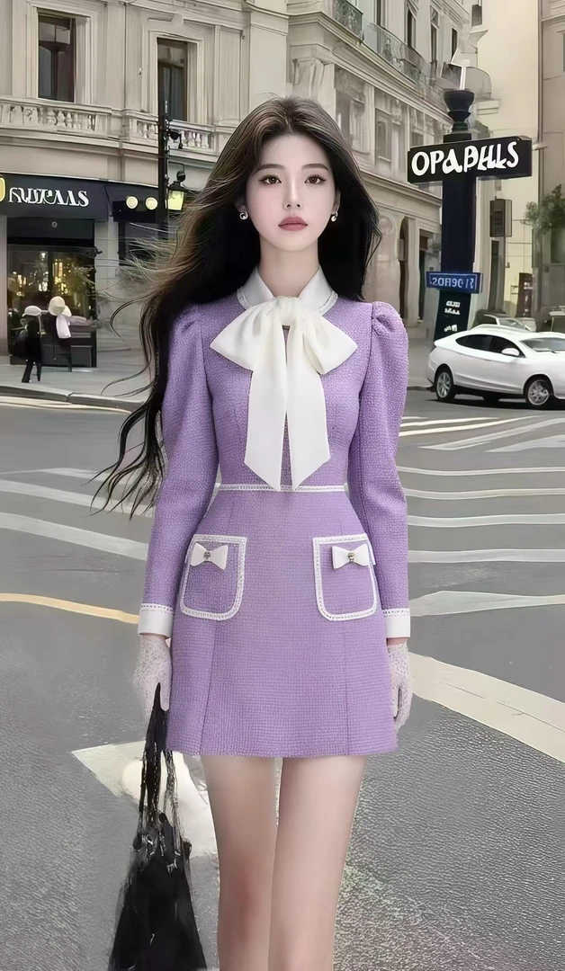 时尚小众气质减龄休闲通勤风紫色长袖修身收腰别致设计感连衣裙