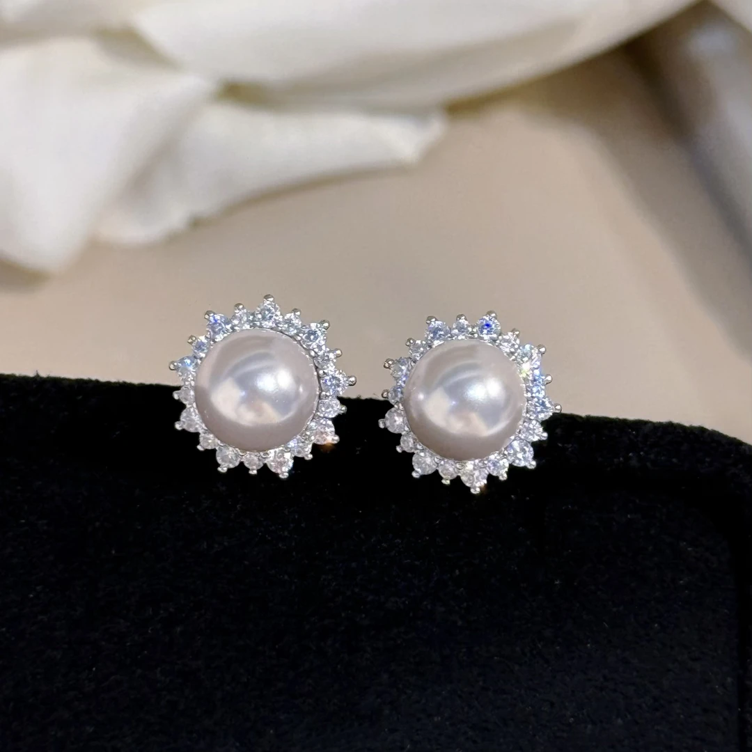 合金仿珍珠耳饰 杨杨babytime 经典时尚镶钻太阳花半圆仿珍珠耳钉