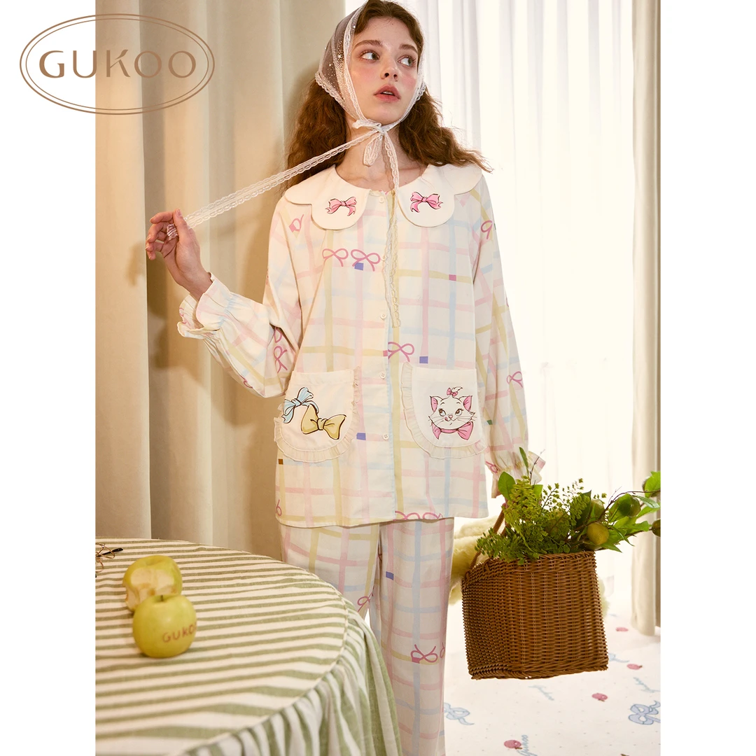 Gukoo/果壳睡衣女春秋款玛丽猫联名新款格子可爱女士家居服套装