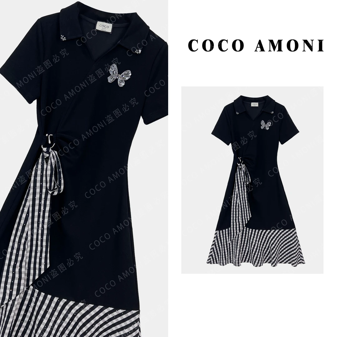 1时尚设计高级感烫钻蝴蝶女装拼褶皱收腰显瘦气质连衣裙ZC610