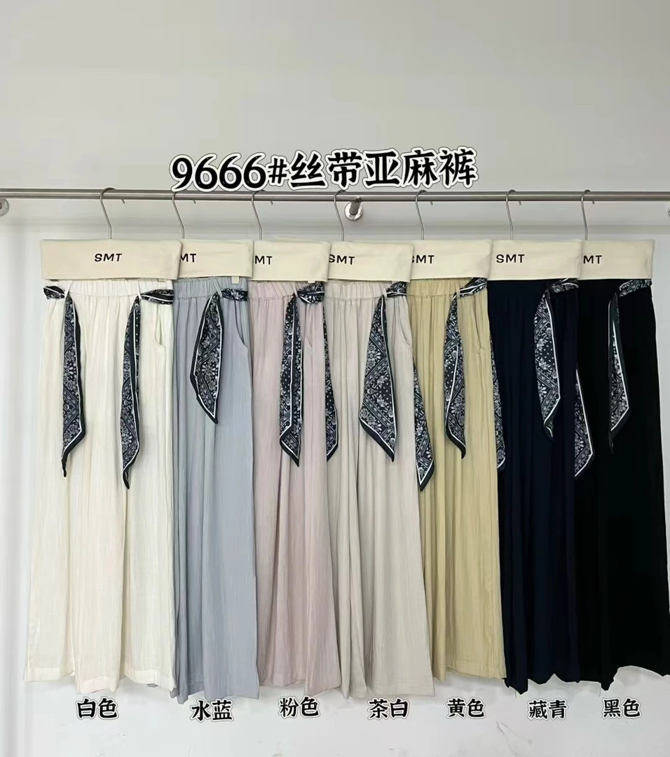 水蜜桃9666夏季新款韩版松紧腰配丝带设计亚麻长裤纯色百搭休闲裤