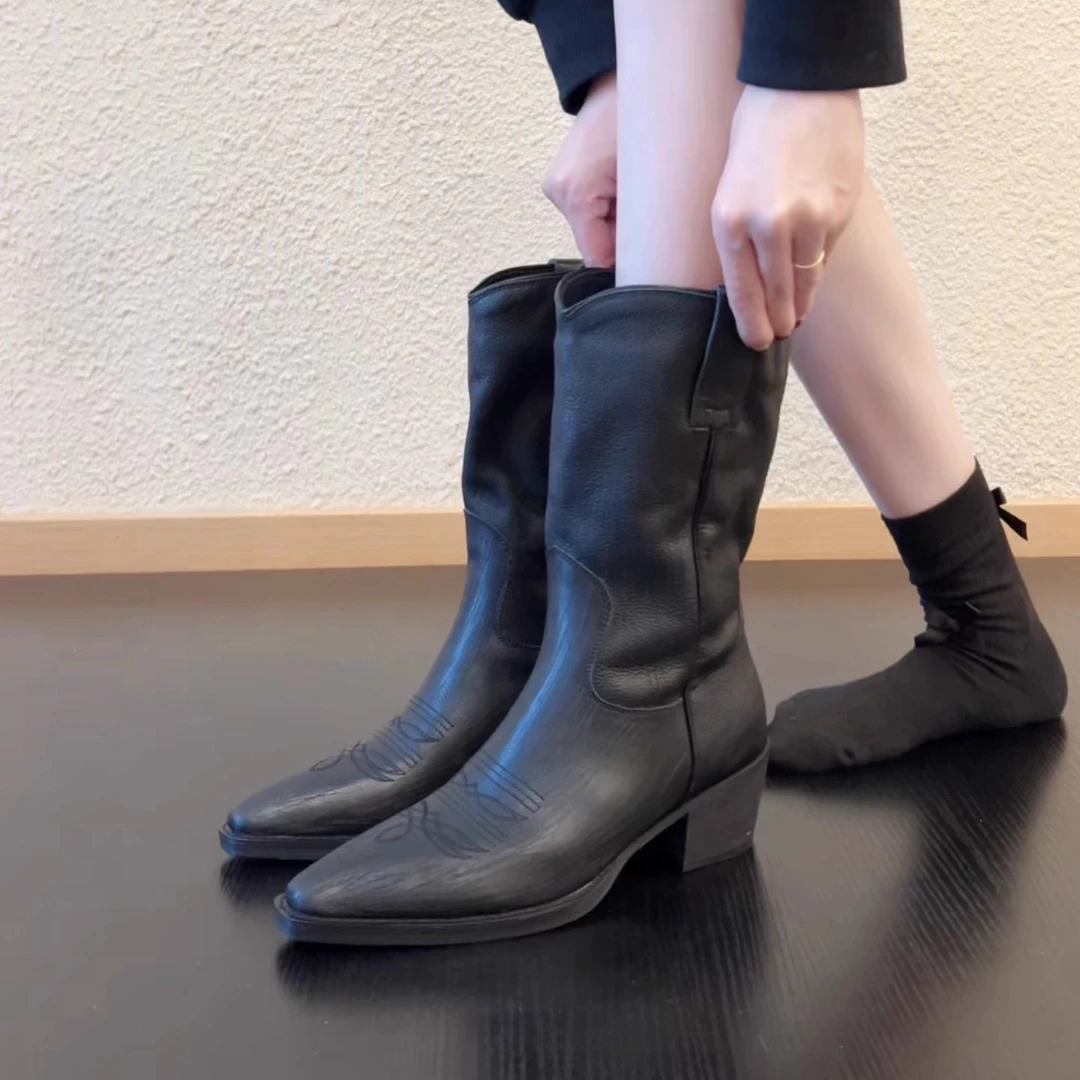 Pokoy-5.5cm方头中筒时装靴女复古西部骑士靴不过膝