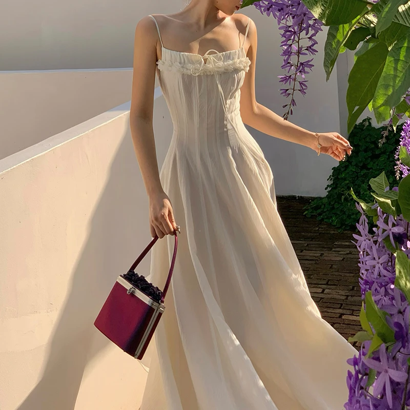 小丽花栀晨露醋酸吊带连衣长裙春夏法式气质温柔风A字裙子