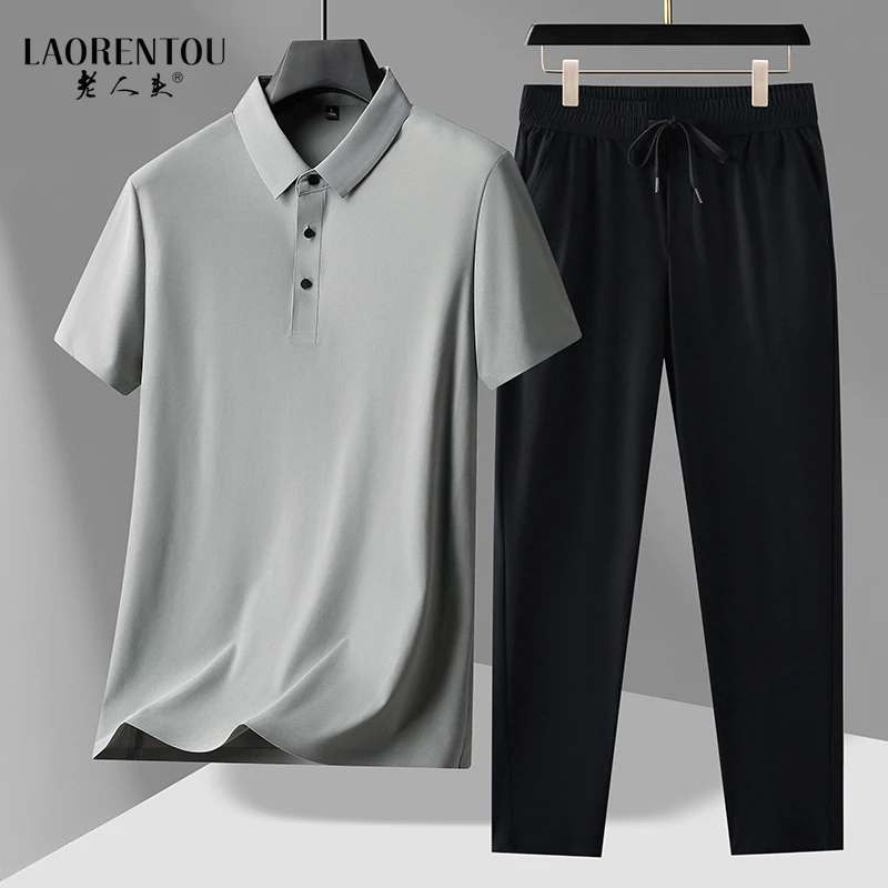老人头透气中老年爸爸装POLO衫速干薄款冰丝大码男套装夏季中年