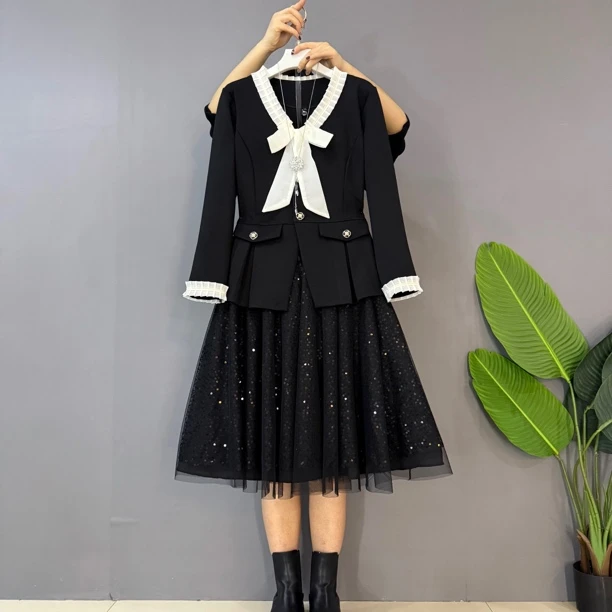 新款时尚气质V领领带结上衣十吊带亮片连衣裙两件套套装