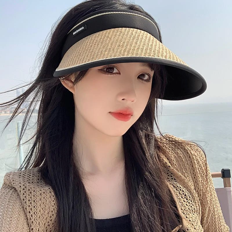 编织空顶防晒帽子女夏季百搭防紫外线发箍式草帽休闲太阳帽沙滩帽