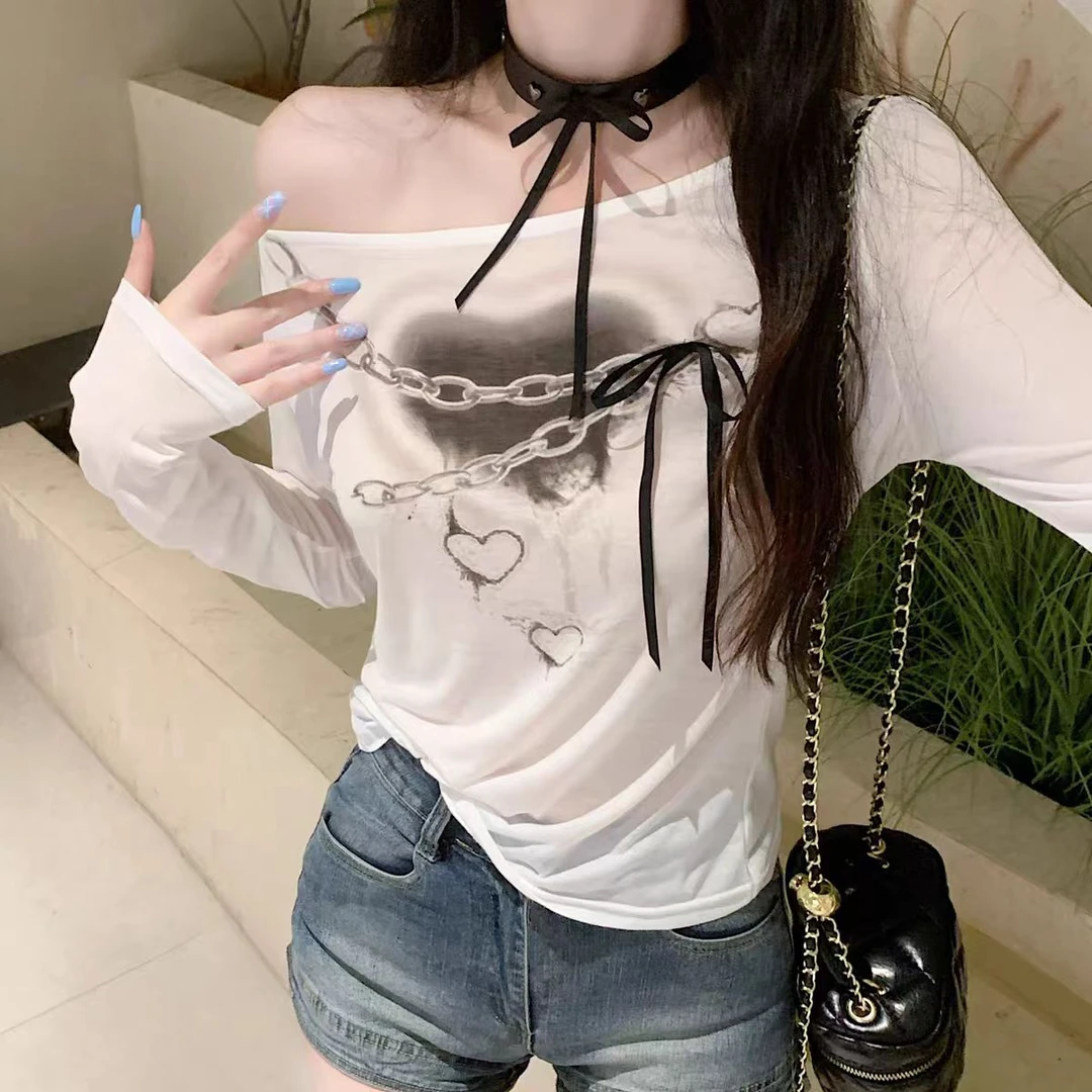 性感风露肩心形印花辣妹T恤夏季新品修身时尚百搭设计感显瘦上衣t