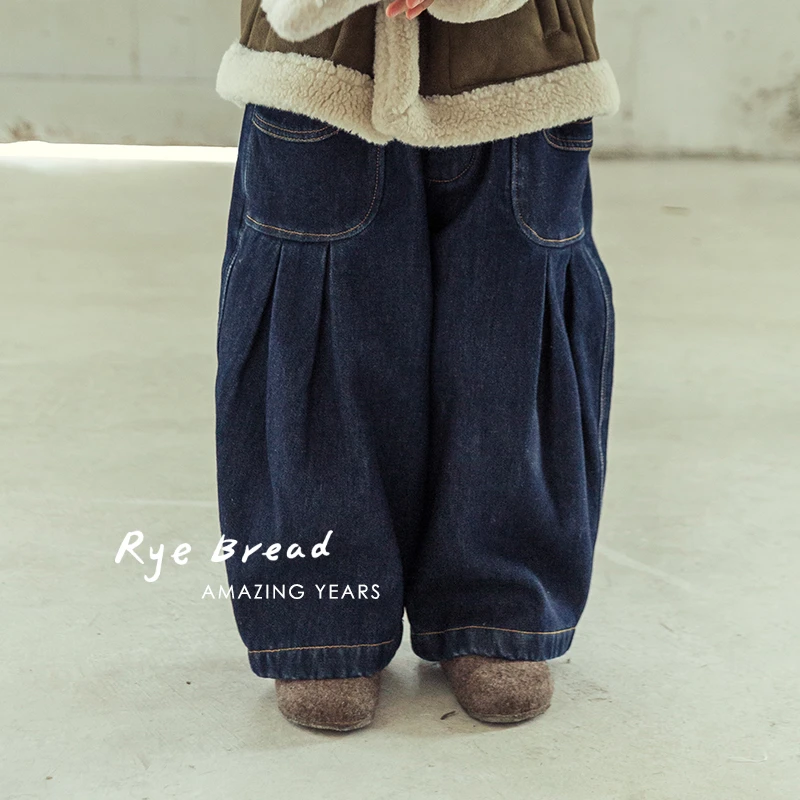 ryebread/黑面包童装 韩系男小童宽松加绒舒适牛仔裤4冬