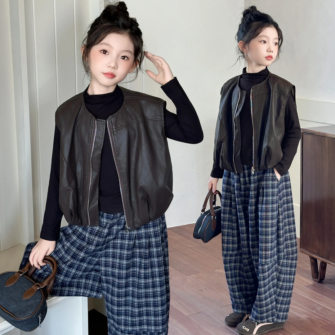 女童独特超好看秋装套装2025新款女大童洋气早秋韩系皮马甲三件套