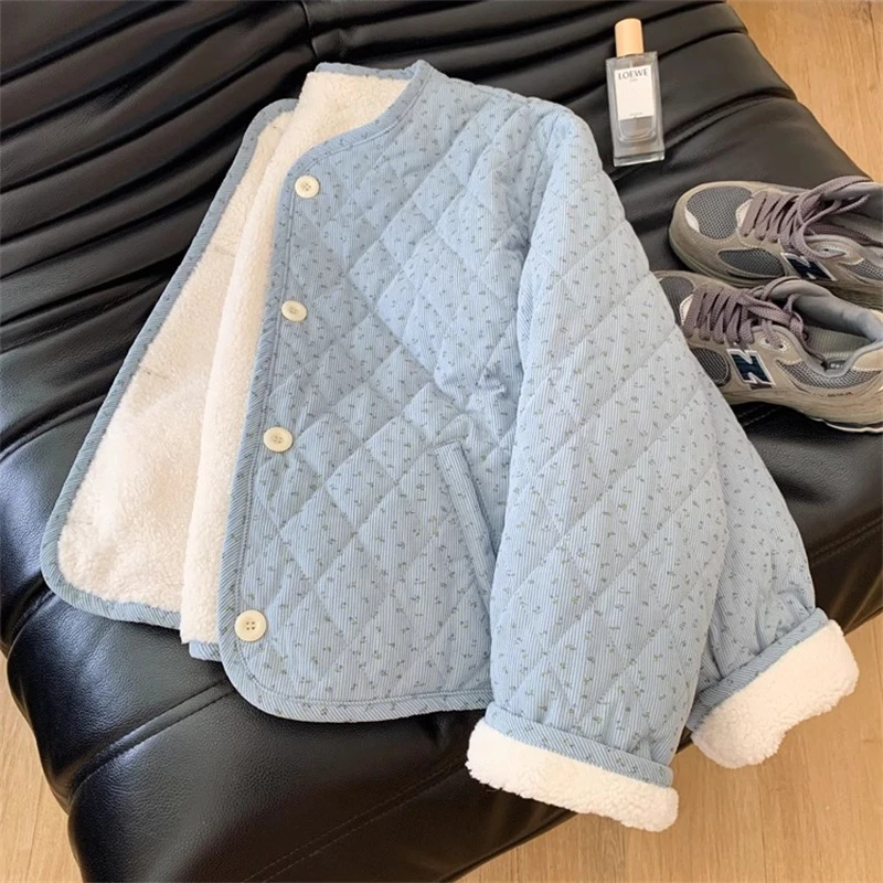 韩系温柔风蓝色碎花夹棉棉服外套男女秋冬设计感洋气宽松保暖棉衣