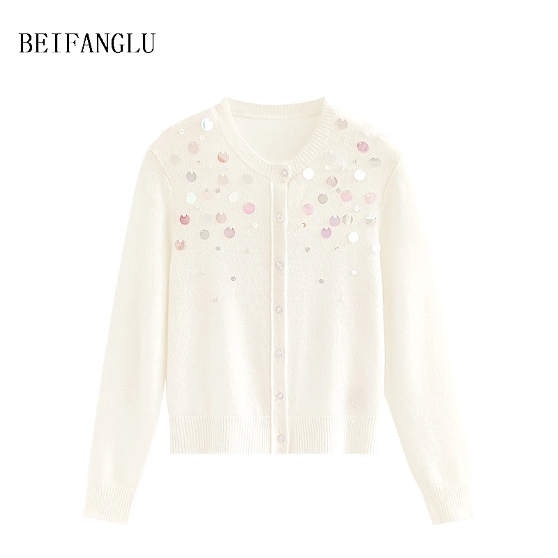 北方鹿【春日梦幻曲】重工幻彩亮片康宝莱羊驼毛薄款针织开衫女2962