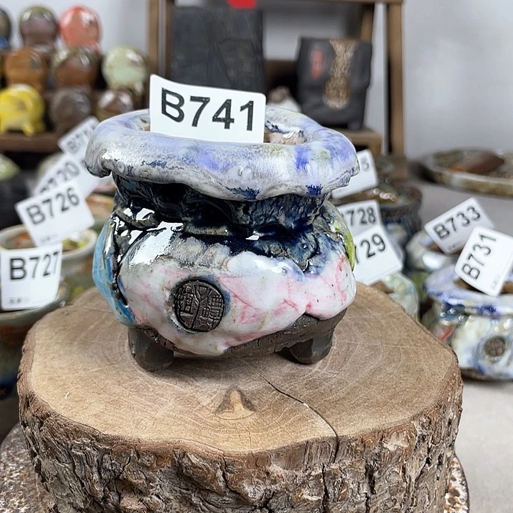 紫砂花盆小号老版油画山石孤品 内口5