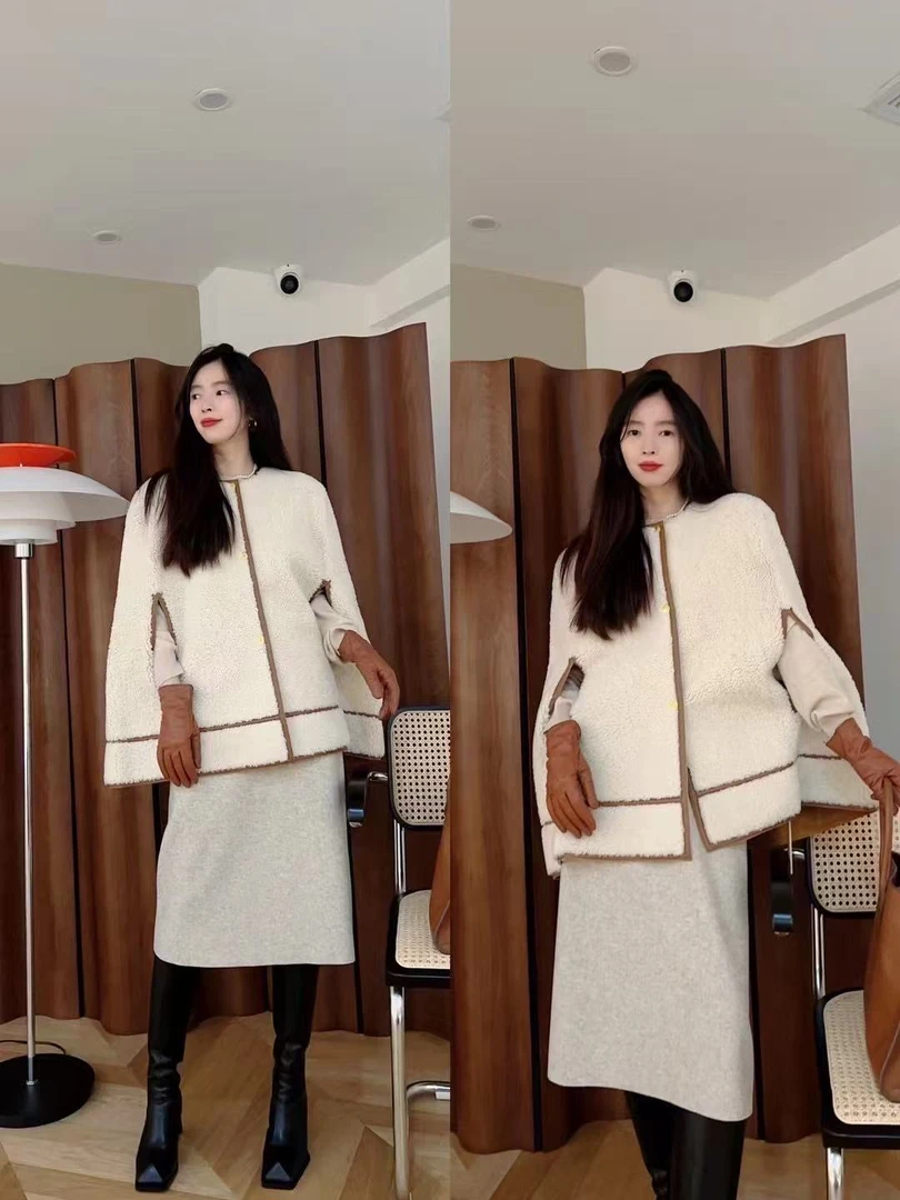 设计师品牌 皮毛一体斗篷式气质披风外套（折扣款不退不换）