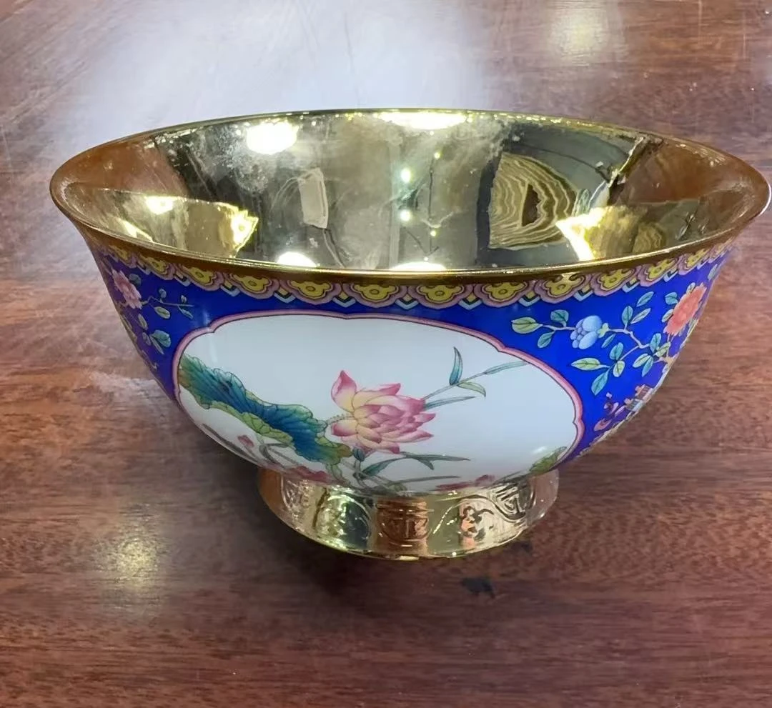 景德镇陶瓷开窗荷花金碗蓝