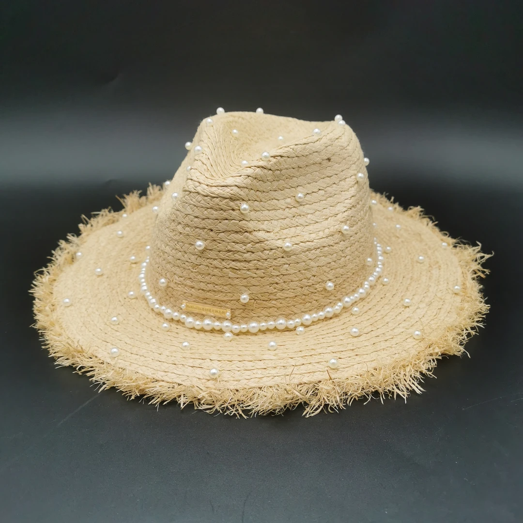 帽语®春夏秋 英伦轻奢珍珠拉菲草毛边草帽遮阳帽爵士帽HSJS00003
