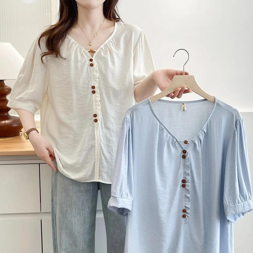 大码女装夏季新款时尚休闲宽松百搭舒适透气纯色V领衬衫066