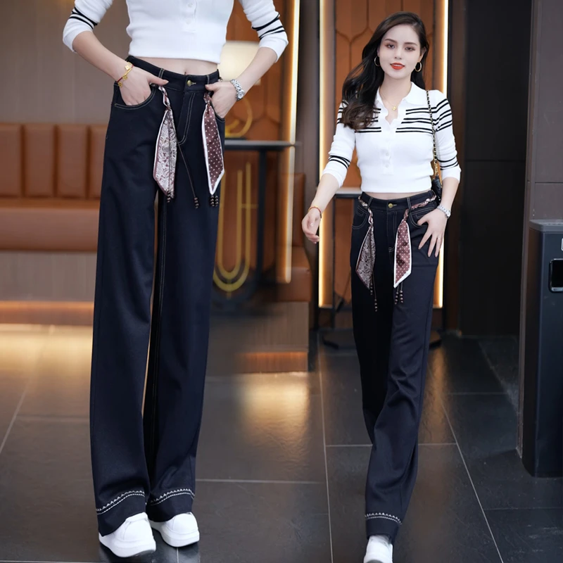 2025秋季直筒牛仔裤高腰显瘦丹宁风秋冬宽松外穿窄版阔腿时尚