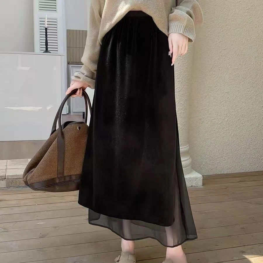秋装高级感拼接网纱丝绒半身裙复古女人味长裙