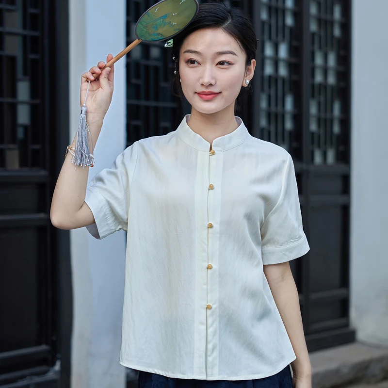 二喜2025春夏搭配马面裙立领新中式上衣日常禅意中式短袖百搭衬衫