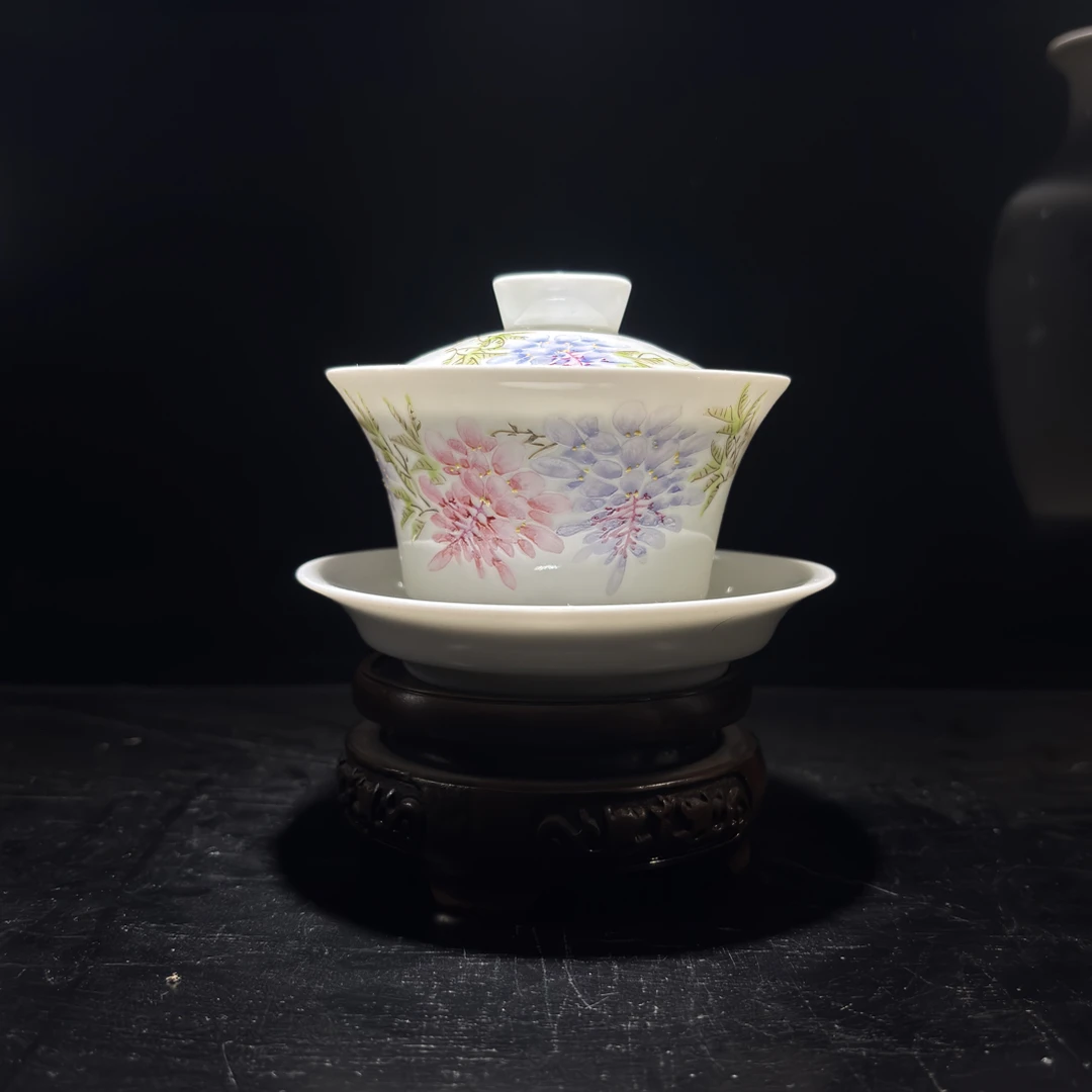 省非遗大师江生元作品 双生紫藤花 三才盖碗 约140cc 超薄玉泥胎